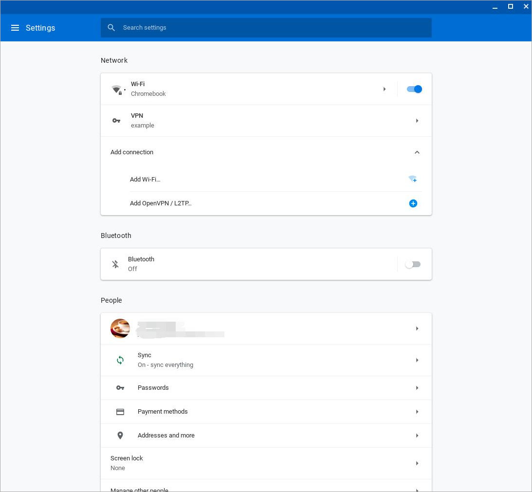 Screen shot of the Network settings on a Chromebook